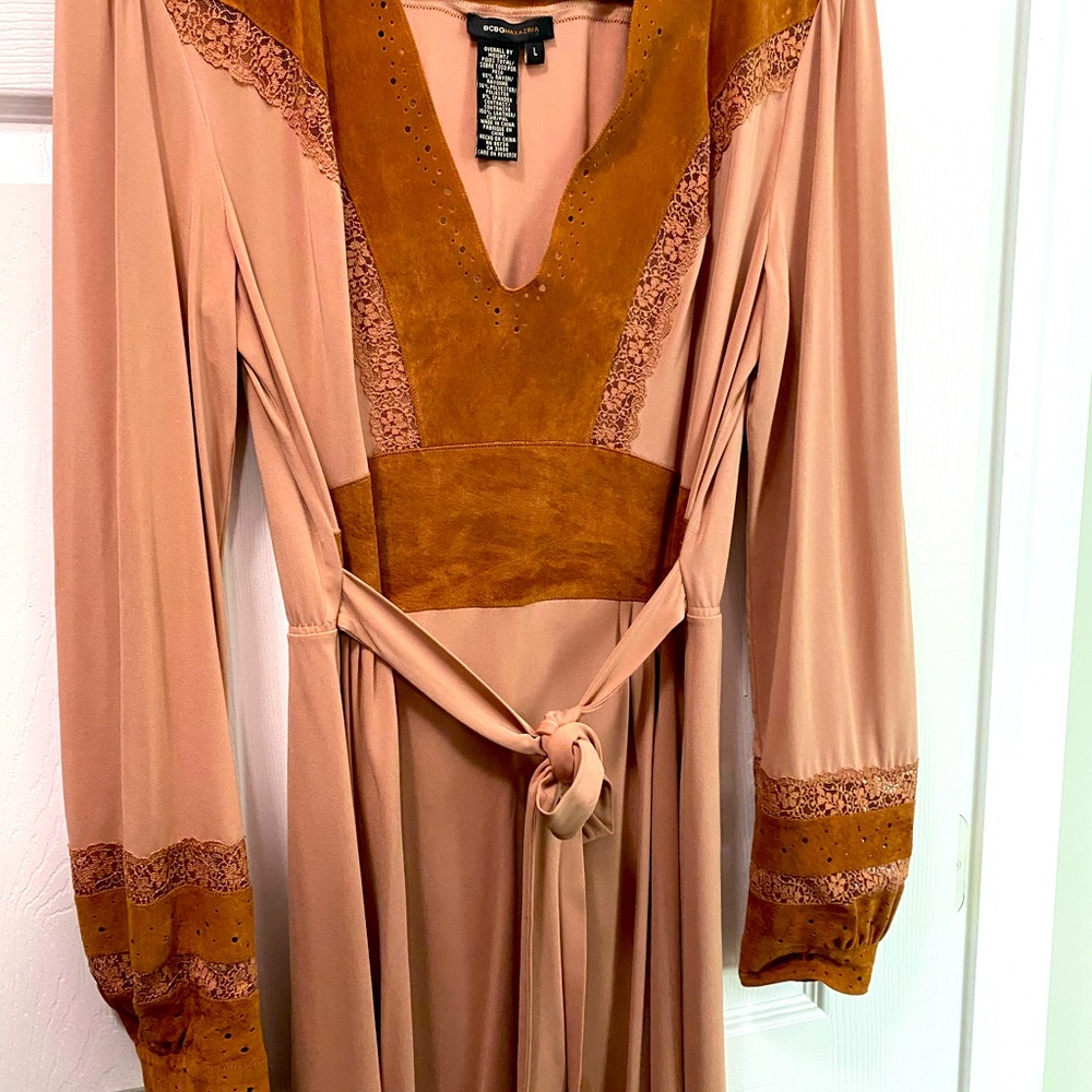 Brown BCBG dress for a cocktail party. Very flattering, deep V & genuine suede.